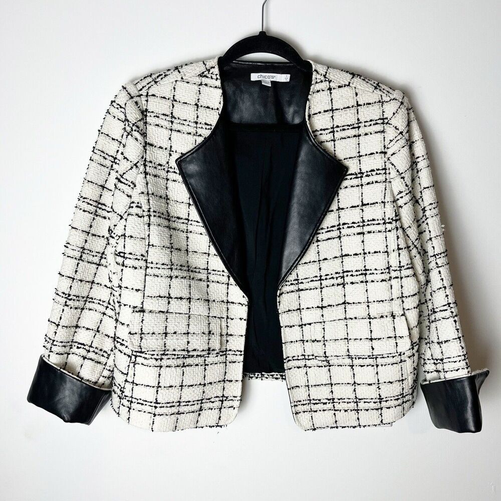Chico’s Tweed Faux Leather Trim Jacket White Plaid Size 8